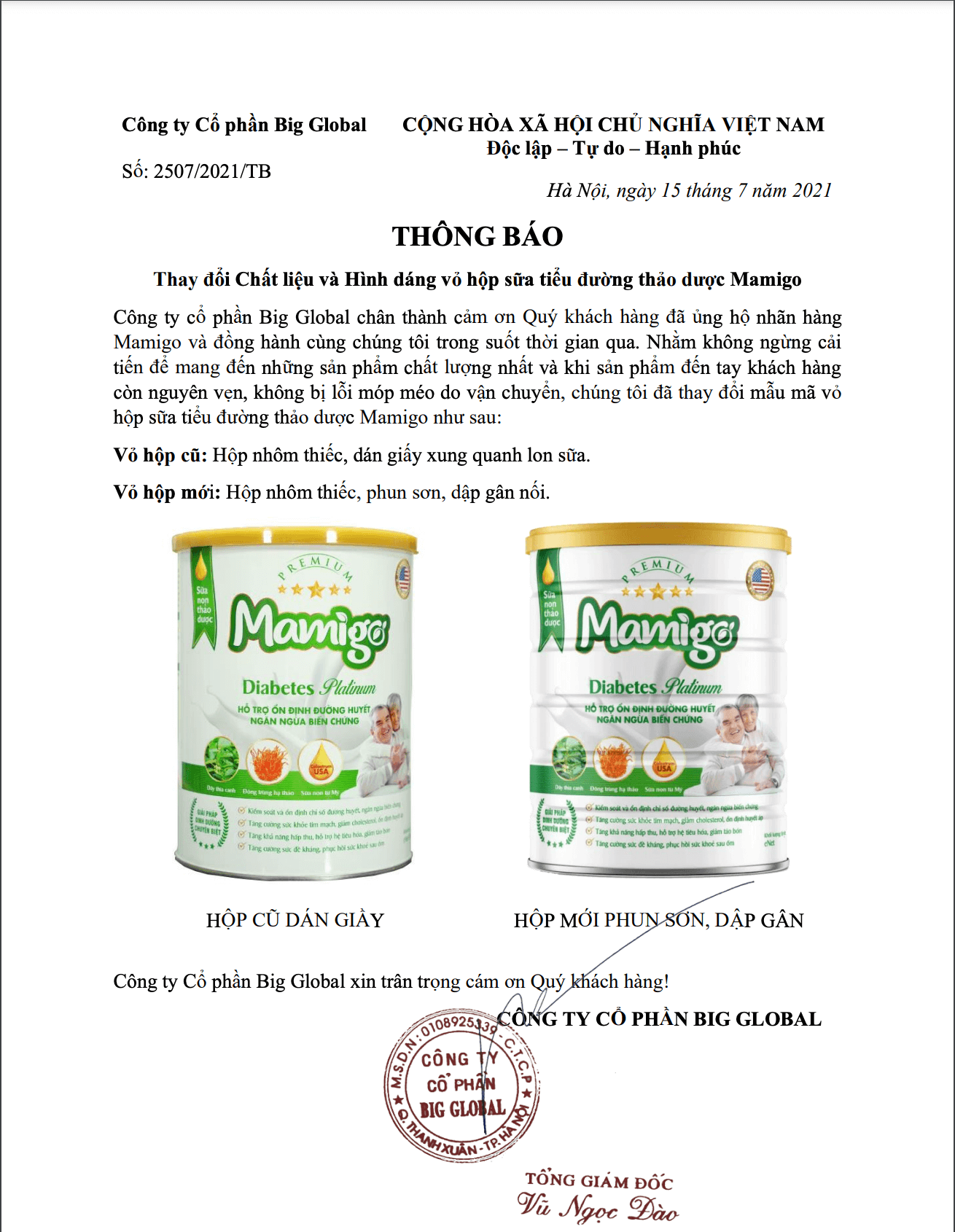 Nhãn hàng Mamigo thông báo thay đổi mẫu bao bì sữa tiểu đường thảo dược Mamigo 