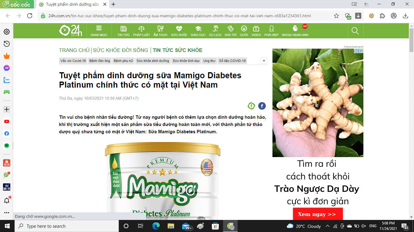 Báo 24h đưa tin "Tuyệt phẩm dinh dưỡng sữa Mamigo Diabetes Platinum chính thức có mặt tại Việt Nam" 