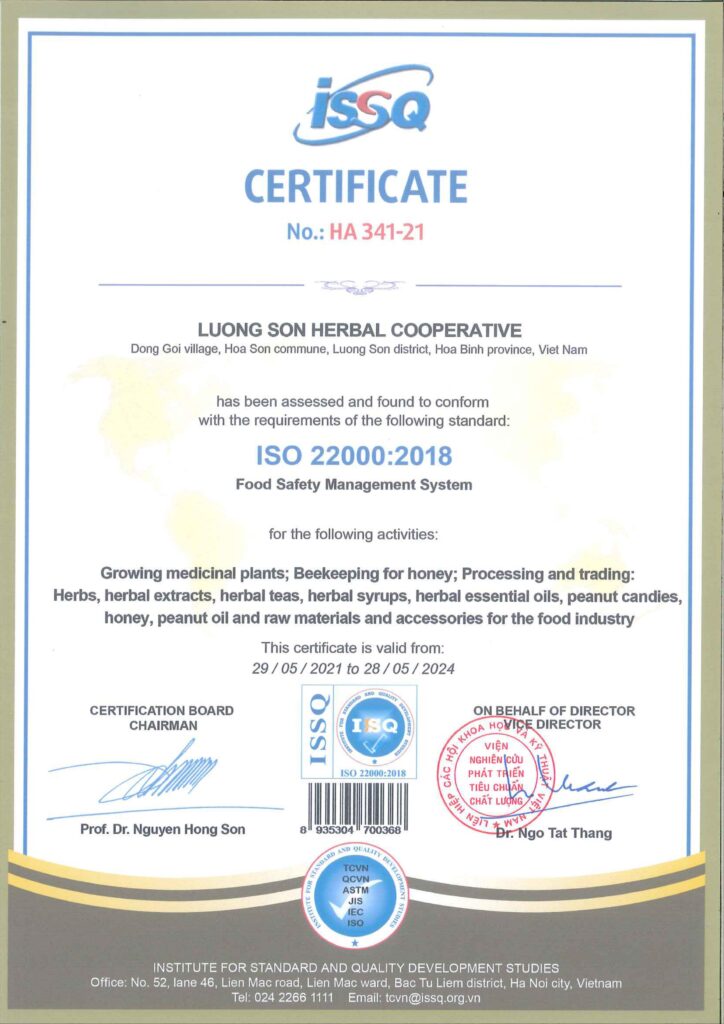 Chứng nhận ISO 22000:2018 cấp cho HTX Dược Liệu Lương Sơn